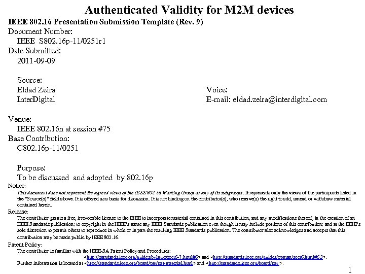 Authenticated Validity for M 2 M devices IEEE 802. 16 Presentation Submission Template (Rev.