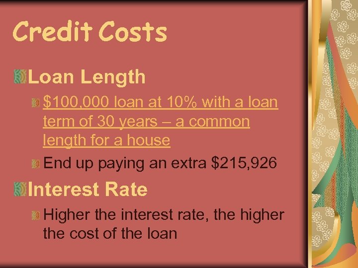 Credit Costs Loan Length $100, 000 loan at 10% with a loan term of