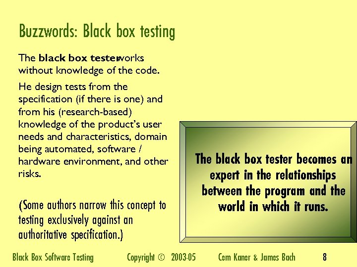 Buzzwords: Black box testing The black box tester works without knowledge of the code.