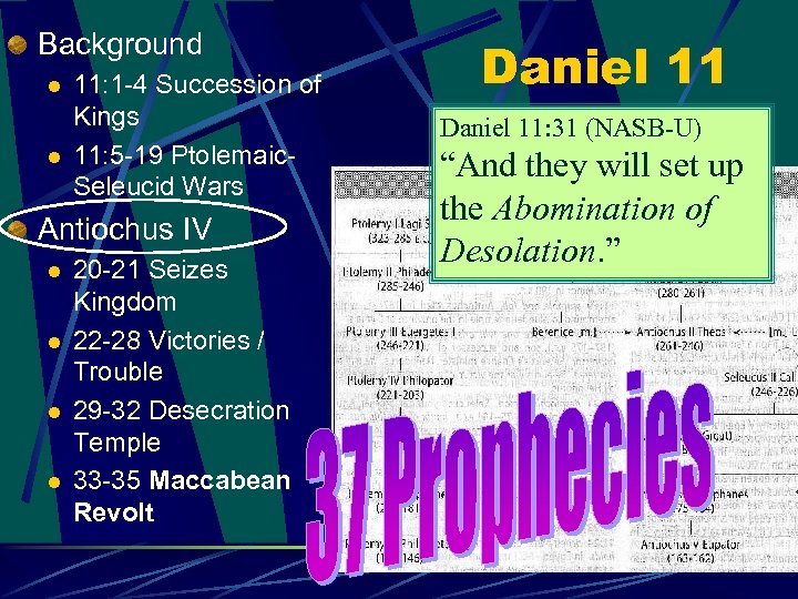 Background l l 11: 1 -4 Succession of Kings 11: 5 -19 Ptolemaic. Seleucid