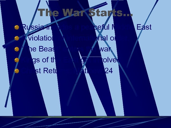 The War Starts… Russia invades a peaceful Middle East A violation of international order.