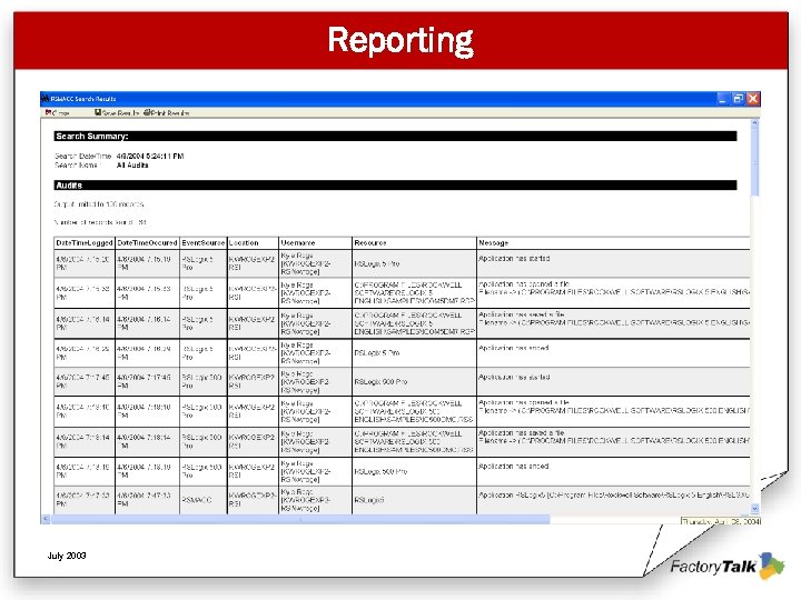 Reporting July 2003 