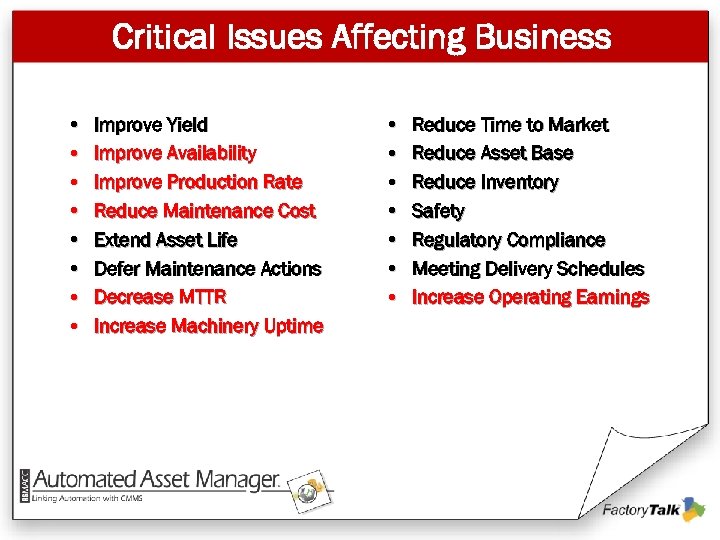 Critical Issues Affecting Business • • Improve Yield Improve Availability Improve Production Rate Reduce