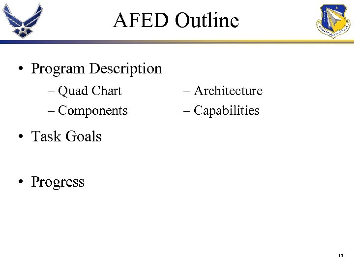 AFED Outline • Program Description – Quad Chart – Components – Architecture – Capabilities
