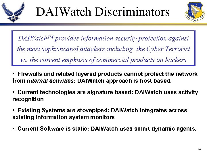 DAIWatch Discriminators DAIWatch. TM provides information security protection against the most sophisticated attackers including