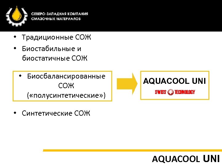  • Традиционные СОЖ • Биостабильные и биостатичные СОЖ • Биосбалансированные СОЖ ( «полусинтетические»