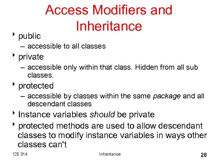 8 public Access Modifiers and Inheritance – accessible to all classes 8 private –