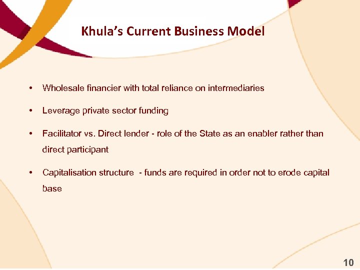 Khula’s Current Business Model • Wholesale financier with total reliance on intermediaries • Leverage