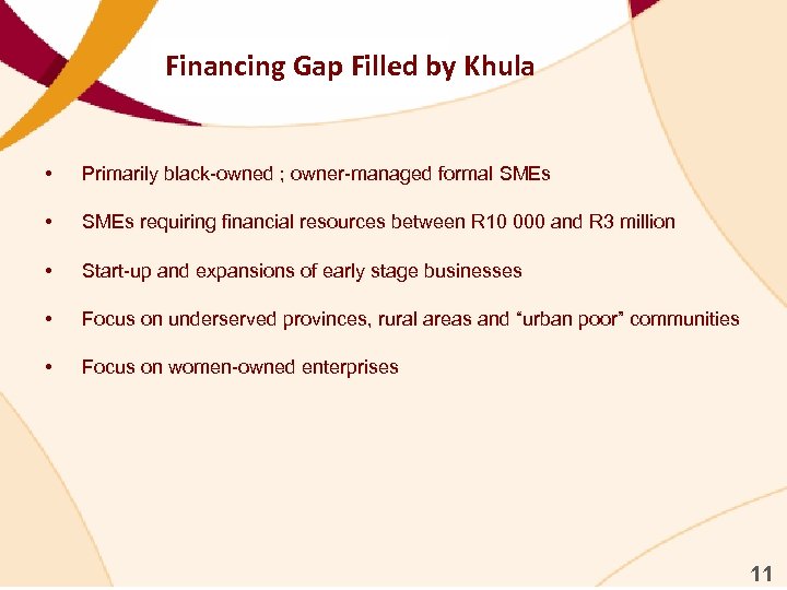 Financing Gap Filled by Khula • Primarily black-owned ; owner-managed formal SMEs • SMEs