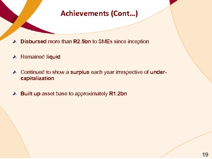 Achievements (Cont…) Disbursed more than R 2. 5 bn to SMEs sinception Remained liquid