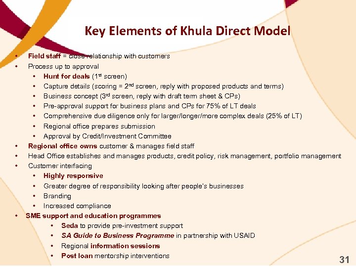 Key Elements of Khula Direct Model • • • Field staff = close relationship