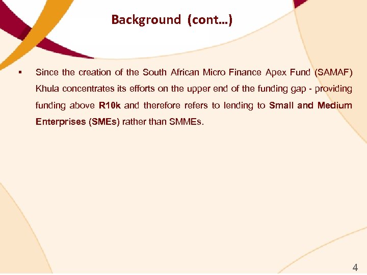 Background (cont…) § Since the creation of the South African Micro Finance Apex Fund