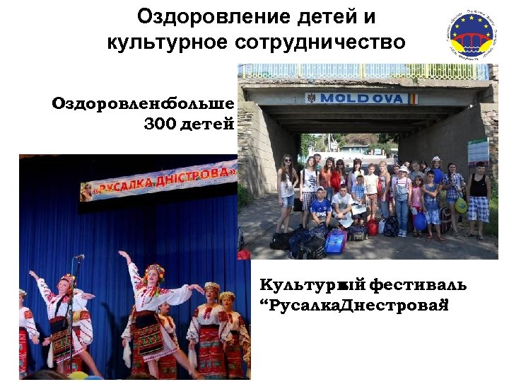 Оздоровление детей и культурное сотрудничество Оздоровлено больше 300 детей Культурн фестиваль ый “Русалка. Днестровая