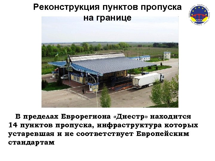 Реконструкция пунктов пропуска на границе В пределах Еврорегиона «Днестр» находится 14 пунктов пропуска, инфраструктура