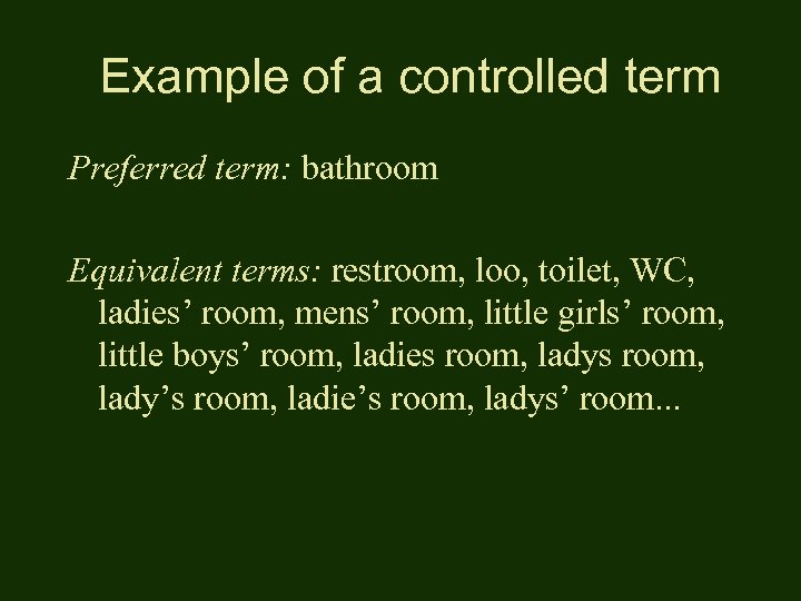 Example of a controlled term Preferred term: bathroom Equivalent terms: restroom, loo, toilet, WC,