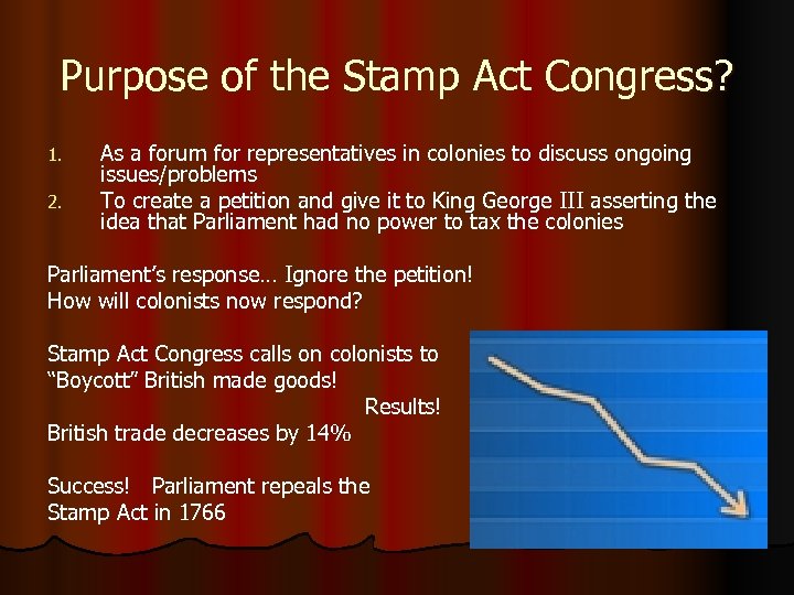 Purpose of the Stamp Act Congress? 1. 2. As a forum for representatives in