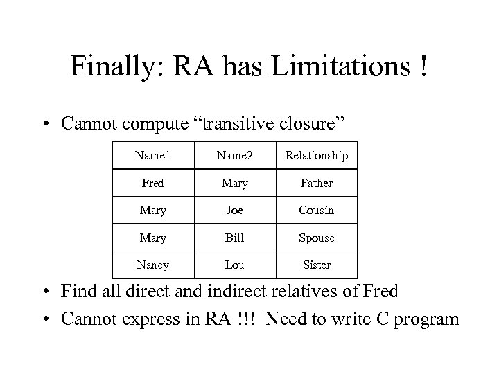 Finally: RA has Limitations ! • Cannot compute “transitive closure” Name 1 Name 2