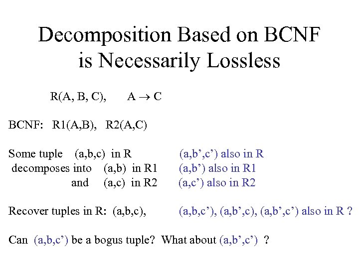 Decomposition Based on BCNF is Necessarily Lossless R(A, B, C), A C BCNF: R