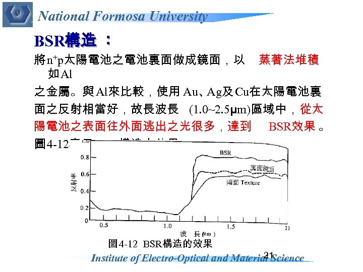 National Formosa University BSR構造 ： 將 n+p太陽電池之電池裏面做成鏡面，以 蒸著法堆積 如 Al 之金屬。與 Al來比較，使用 Au、 Ag及
