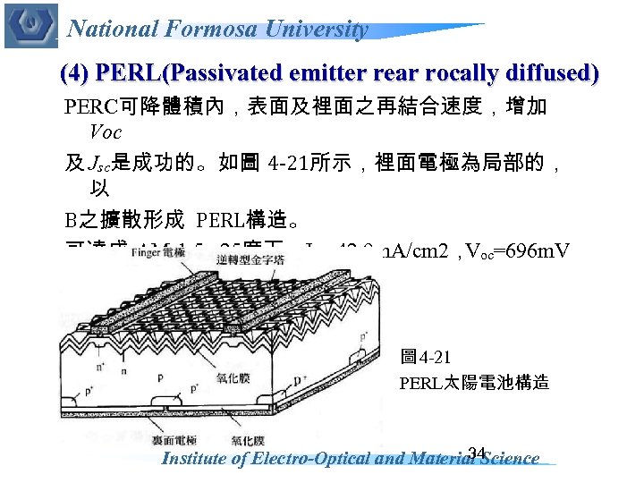 National Formosa University (4) PERL(Passivated emitter rear rocally diffused) PERC可降體積內，表面及裡面之再結合速度，增加 Voc 及 Jsc是成功的。如圖 4