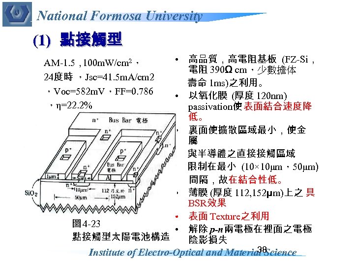 National Formosa University (1) 點接觸型 • 高品質，高電阻基板 (FZ-Si， 電阻 390Ω cm，少數擔体 壽命 1 ms)之利用。