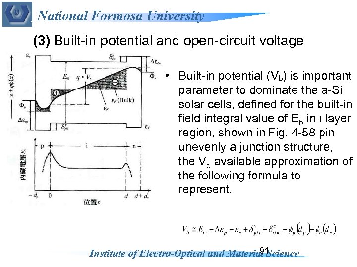 National Formosa University (3) Built-in potential and open-circuit voltage • Built-in potential (Vb) is