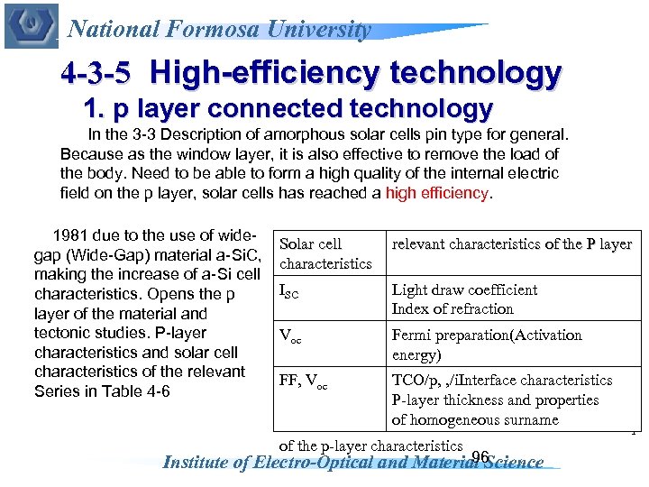 National Formosa University 4 -3 -5 High-efficiency technology 1. p layer connected technology In