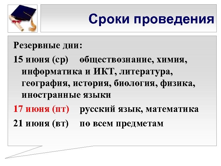 Сроки проведения Резервные дни: 15 июня (ср) обществознание, химия, информатика и ИКТ, литература, география,