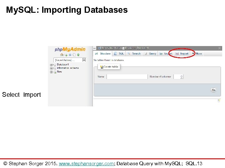My. SQL: Importing Databases Select Import © Stephan Sorger 2015. www. stephansorger. com; Database