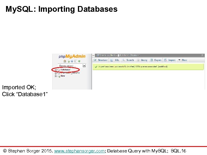 My. SQL: Importing Databases Imported OK; Click “Database 1” © Stephan Sorger 2015. www.