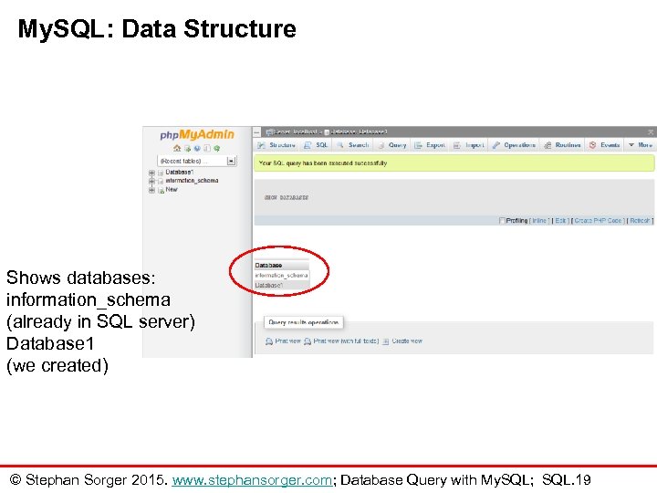 My. SQL: Data Structure Shows databases: information_schema (already in SQL server) Database 1 (we