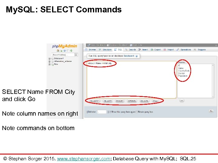 My. SQL: SELECT Commands SELECT Name FROM City and click Go Note column names
