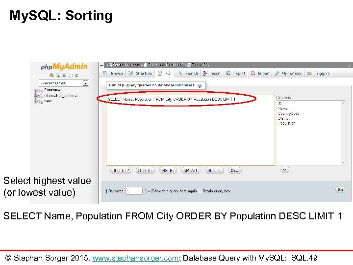 My. SQL: Sorting Select highest value (or lowest value) SELECT Name, Population FROM City