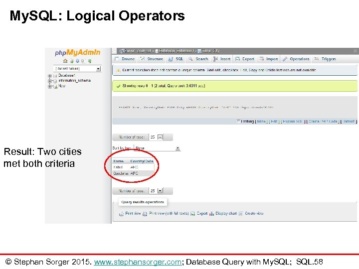 My. SQL: Logical Operators Result: Two cities met both criteria © Stephan Sorger 2015.