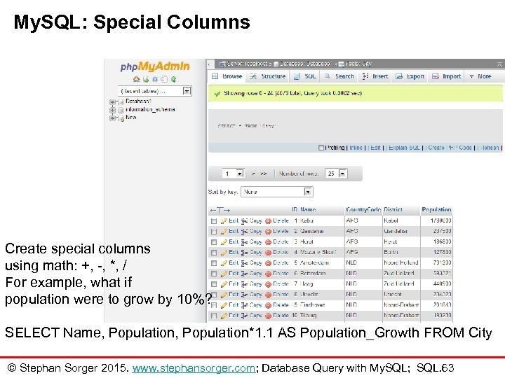 My. SQL: Special Columns Create special columns using math: +, -, *, / For