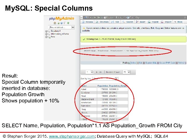 My. SQL: Special Columns Result: Special Column temporarily inserted in database: Population Growth Shows