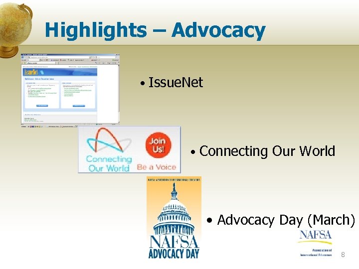 Highlights – Advocacy • Issue. Net • Connecting Our World • Advocacy Day (March)