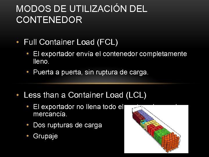 MODOS DE UTILIZACIÓN DEL CONTENEDOR • Full Container Load (FCL) • El exportador envía