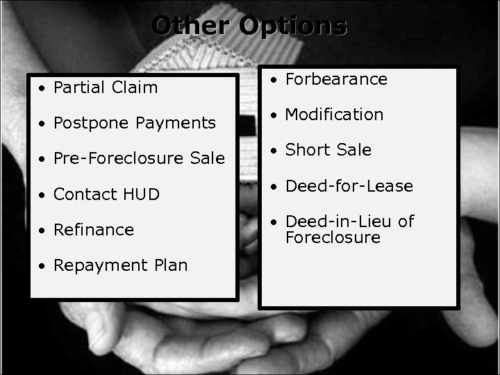 Other Options Partial Claim Forbearance Postpone Payments Modification Pre-Foreclosure Sale Short Sale Contact HUD