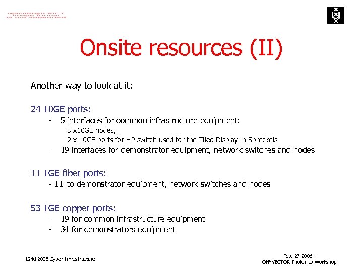 Onsite resources (II) Another way to look at it: 24 10 GE ports: -