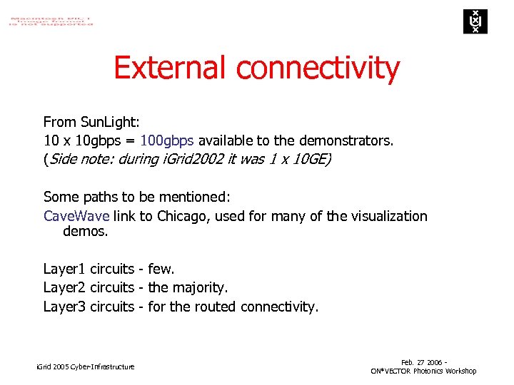 External connectivity From Sun. Light: 10 x 10 gbps = 100 gbps available to