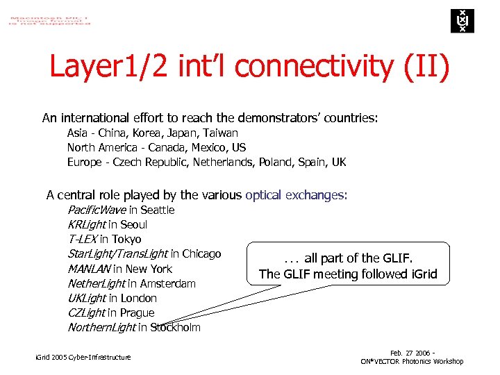 Layer 1/2 int’l connectivity (II) An international effort to reach the demonstrators’ countries: Asia