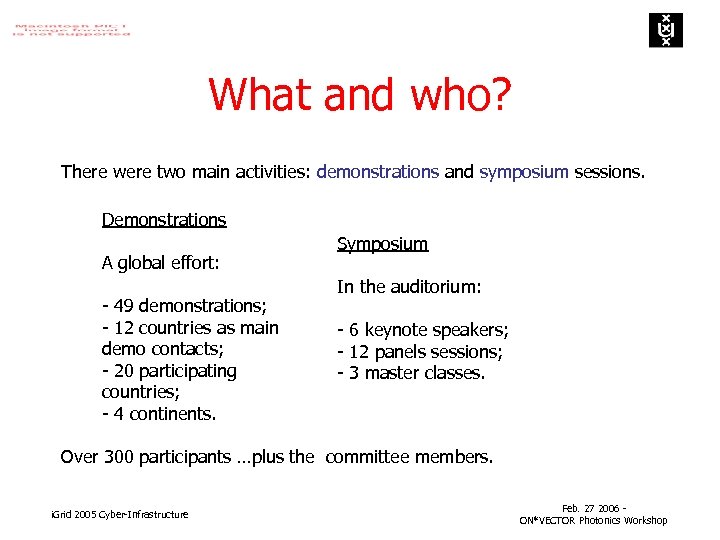 What and who? There were two main activities: demonstrations and symposium sessions. Demonstrations A