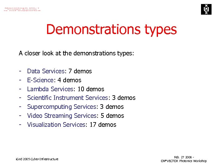 Demonstrations types A closer look at the demonstrations types: - Data Services: 7 demos