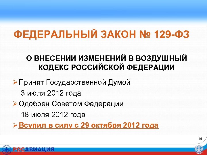 ФЕДЕРАЛЬНЫЙ ЗАКОН № 129 -ФЗ О ВНЕСЕНИИ ИЗМЕНЕНИЙ В ВОЗДУШНЫЙ КОДЕКС РОССИЙСКОЙ ФЕДЕРАЦИИ Ø