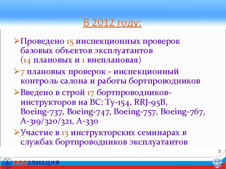 В 2012 году: ØПроведено 15 инспекционных проверок базовых объектов эксплуатантов (14 плановых и 1