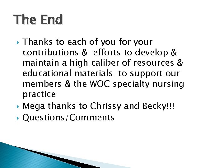 The End Thanks to each of you for your contributions & efforts to develop
