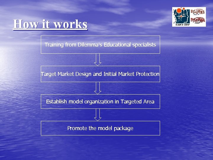 How it works Training from Dilemma’s Educational specialists Target Market Design and Initial Market