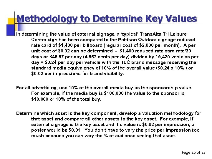 Methodology to Determine Key Values In determining the value of external signage, a ‘typical’