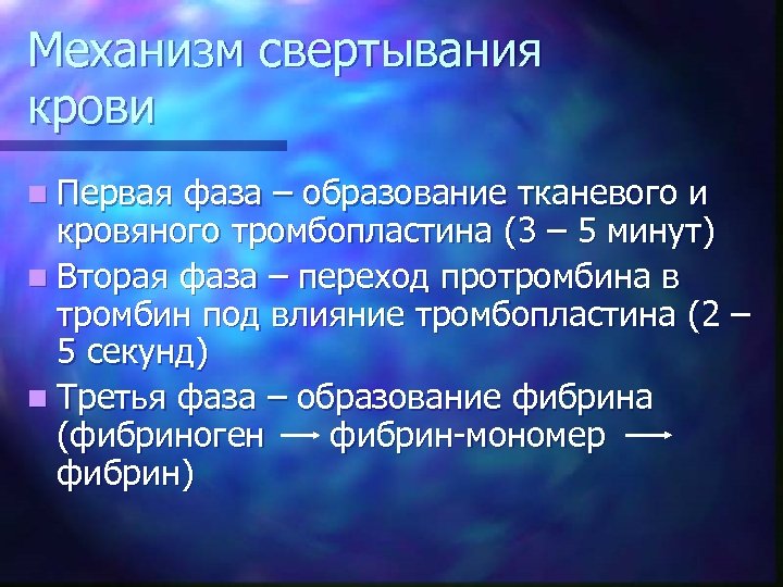 Механизм свертывания крови n Первая фаза – образование тканевого и кровяного тромбопластина (3 –